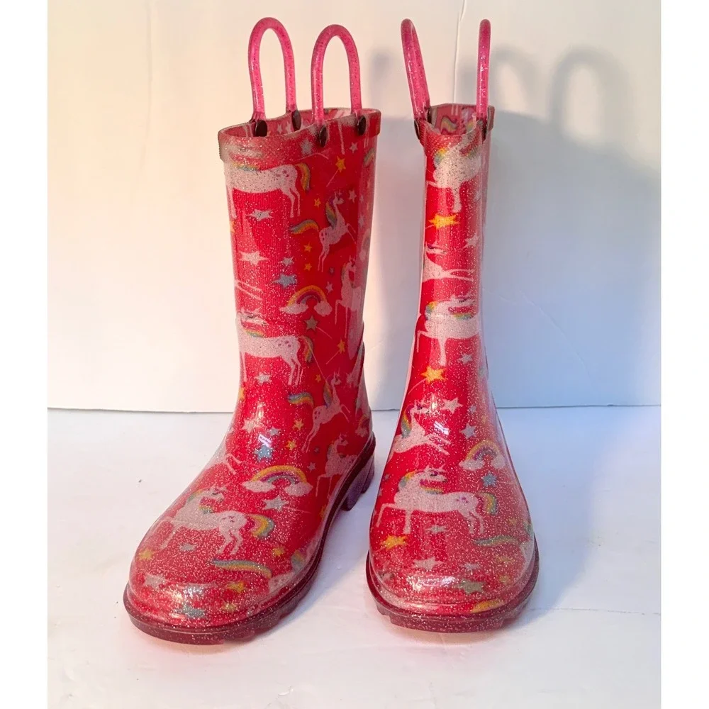 Rain boots Pink Glitter Unicorn & Rainbow Easy-on , light up heels‎ EUC